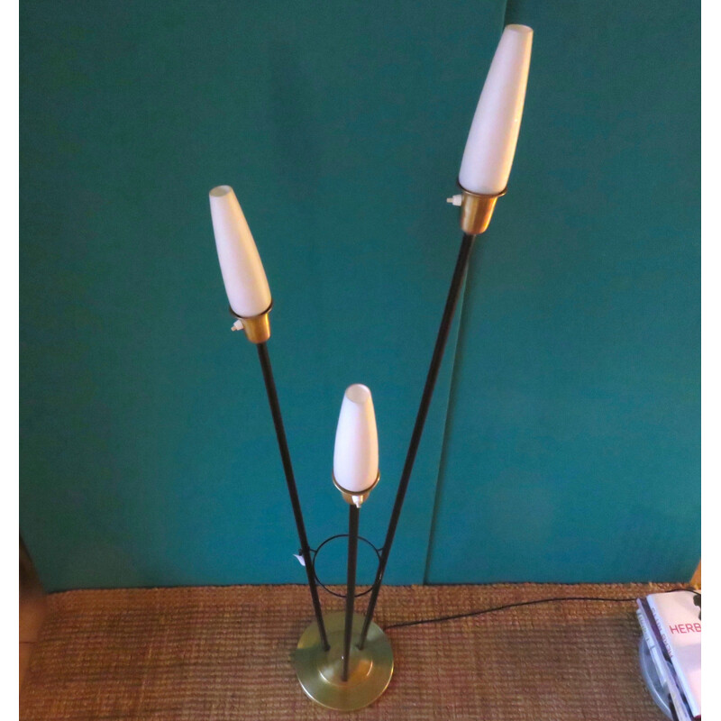 Lampadaire en laiton et metal verres opaline, France - 1950