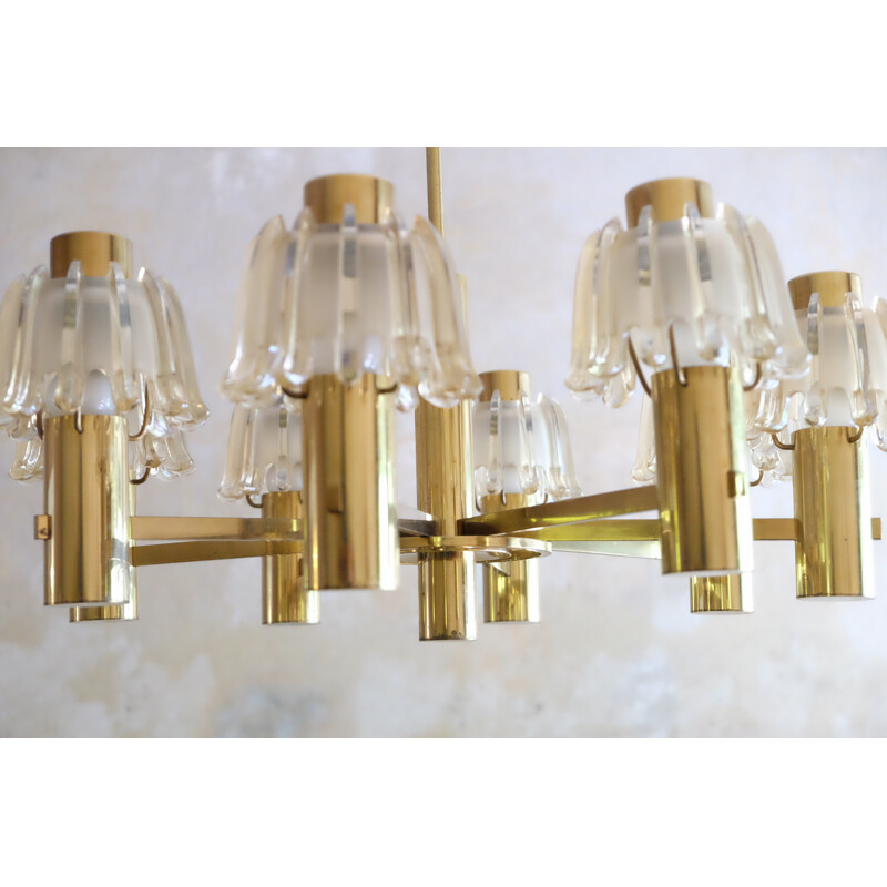 Large Doria Brass and Frosted Glass Chandelier - 1960s 