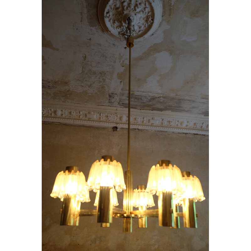 Large Doria Brass and Frosted Glass Chandelier - 1960s 