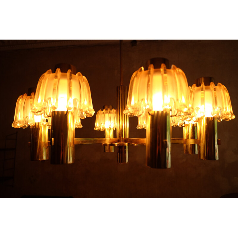 Large Doria Brass and Frosted Glass Chandelier - 1960s 