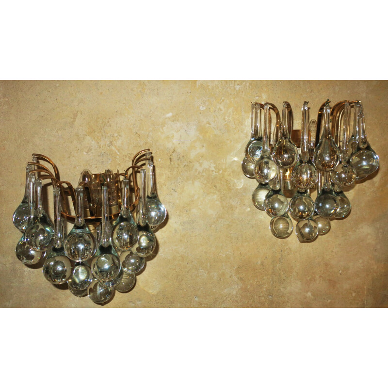 Pair of Glass Droplet and Gilt Brass Sconces for Christoph Palme - 1960s 