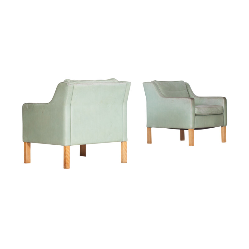 Pair Of Armchairs Mint Green Leather by Borge Mogensen  - 1970s 