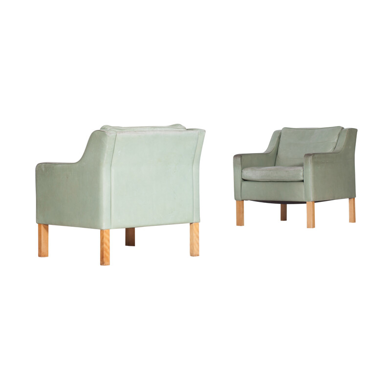 Pair Of Armchairs Mint Green Leather by Borge Mogensen  - 1970s 