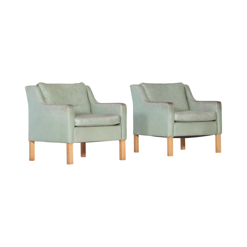 Pair Of Armchairs Mint Green Leather by Borge Mogensen  - 1970s 