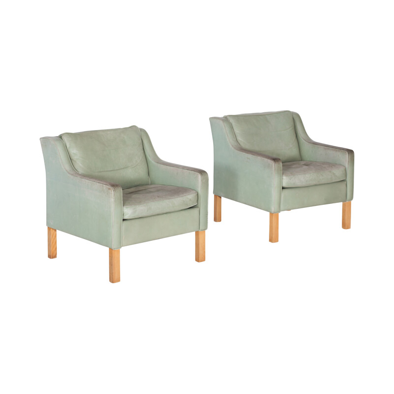 Pair Of Armchairs Mint Green Leather by Borge Mogensen  - 1970s 