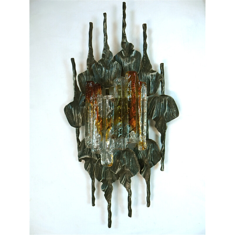 Large Brutalist Glass & Iron Sconce by Tom Ahlström & Hans Ehrlich for A&E Lighting Company - 1960s