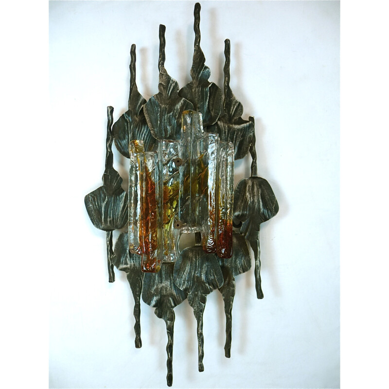 Large Brutalist Glass & Iron Sconce by Tom Ahlström & Hans Ehrlich for A&E Lighting Company - 1960s