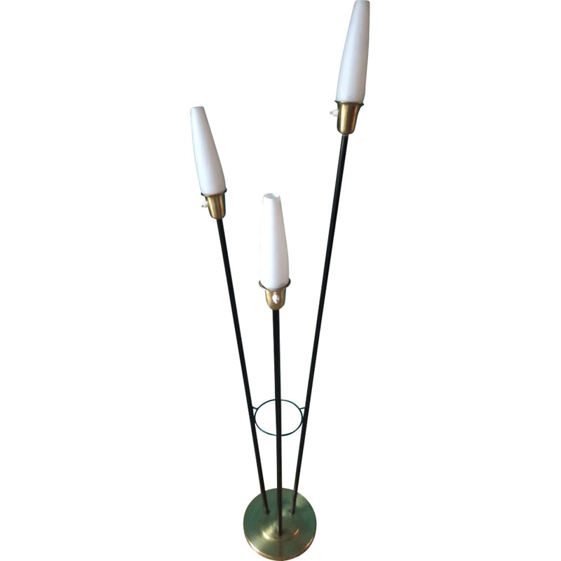 Brass and metal opaline glasses floor lamp, France - 1950s