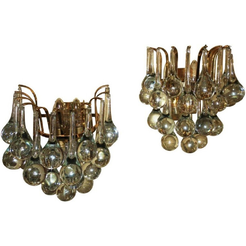 Pair of Glass Droplet and Gilt Brass Sconces for Christoph Palme - 1960s 