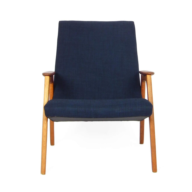 Fauteuil vintage en teck et tissu bleu - 1950