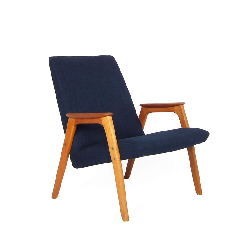 Fauteuil vintage en teck et tissu bleu - 1950