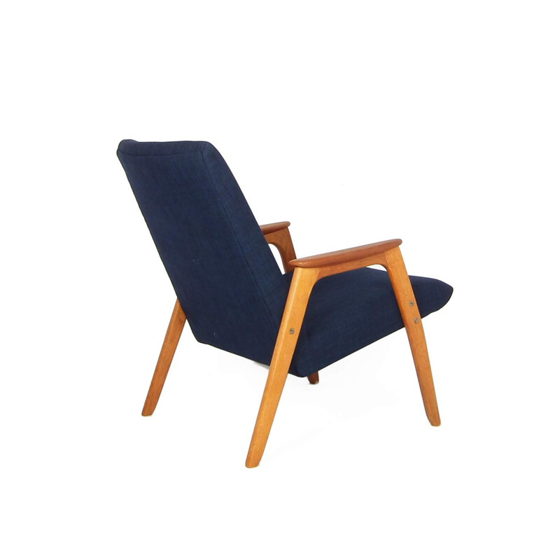 Vintage armchair in teak and blue fabric - 1950s