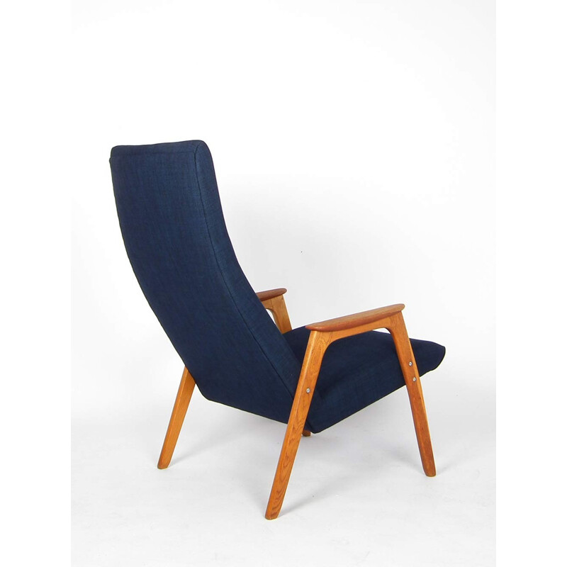 Vintage armchair in teak and blue fabric - 1950s