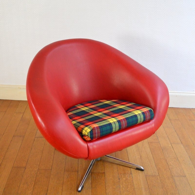 Fauteuil vintage en métal et skaï rouge - 1960