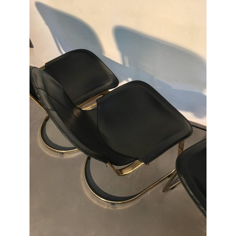 Set of 4 Brass and Black Leather Dining Chairs by Willy Rizzo - 1970s