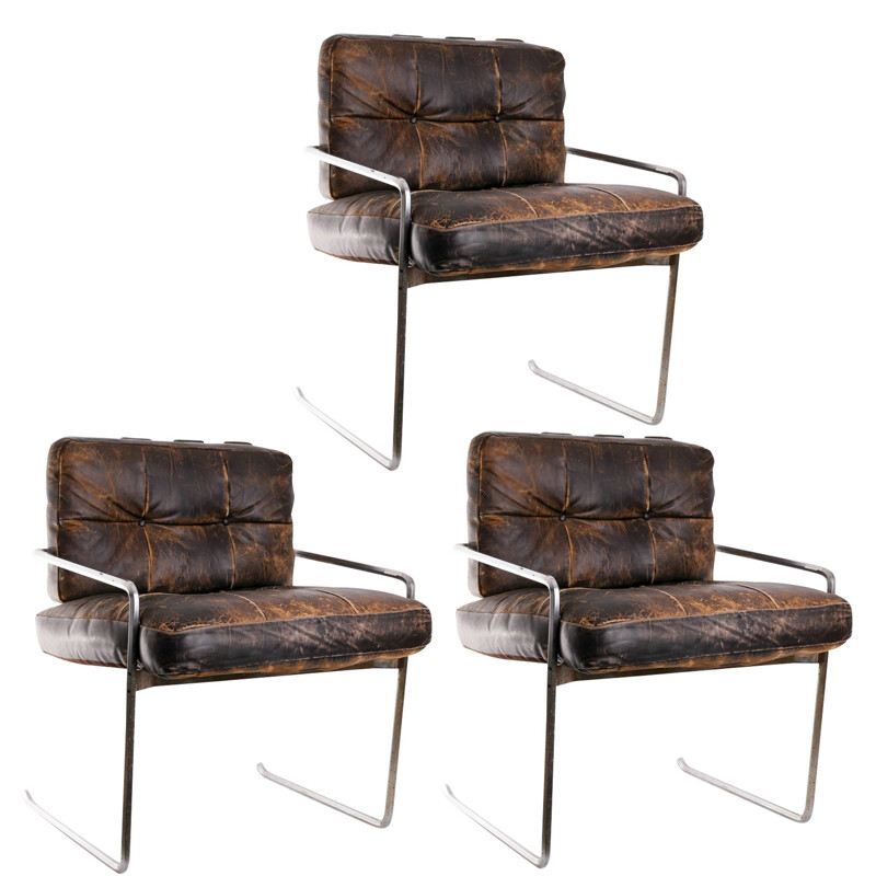 Set of 3 Chrome steel hexagon armchairs with leather - 1970s