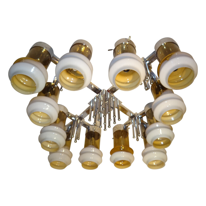 Vintage metal and glass ceiling lamp, 1970