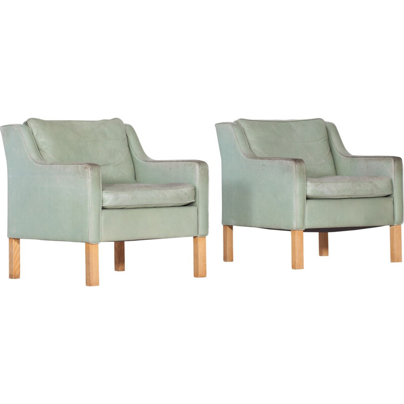 Pair Of Armchairs Mint Green Leather by Borge Mogensen  - 1970s 