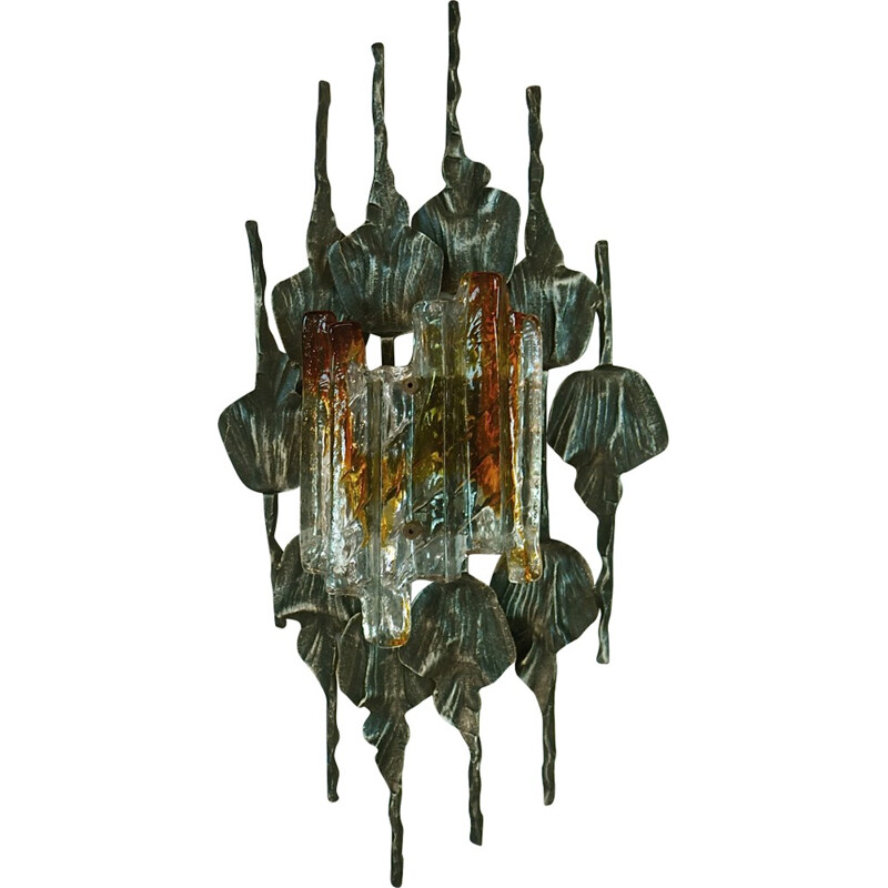 Vintage brutalist wall lamp in glass and iron by Tom Ahlström and Hans Ehrlich for A.E Lighting Company, 1960