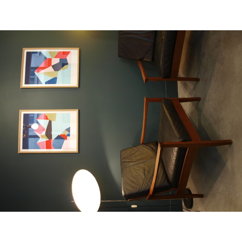 Pair of leather armchairs in teak - 1960s