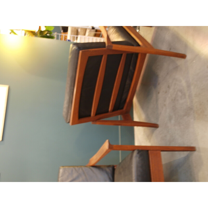 Pair of leather armchairs in teak - 1960s