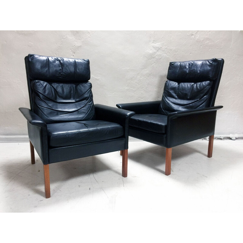 Pair of Black Leather Armchairs by Hans Olsen for Christian Sorensen - 1960s