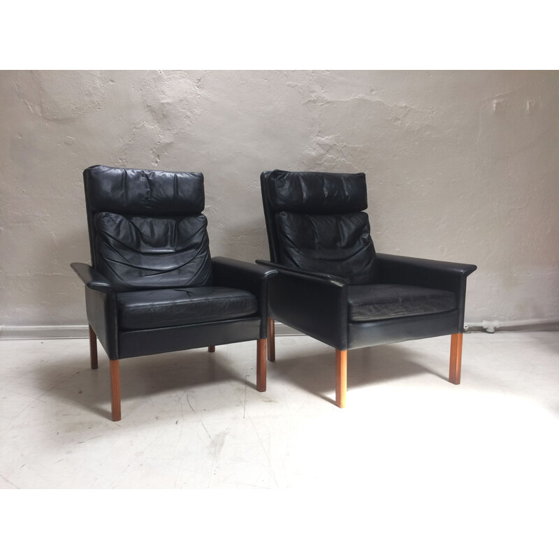 Pair of Black Leather Armchairs by Hans Olsen for Christian Sorensen - 1960s