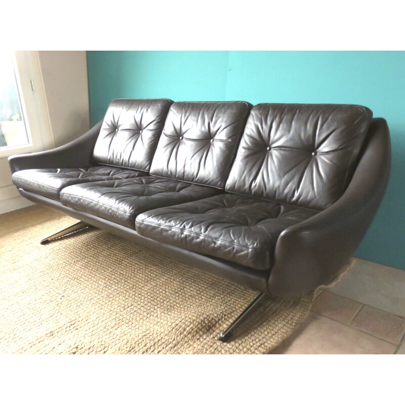 3 seater sofa in vintage brown leather, Denmark - 1970s