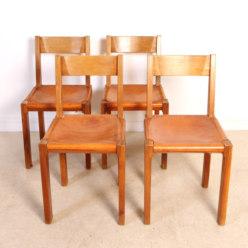 Set of 4 S24 chairs in elm and leather by Pierre Chapo - 1950s