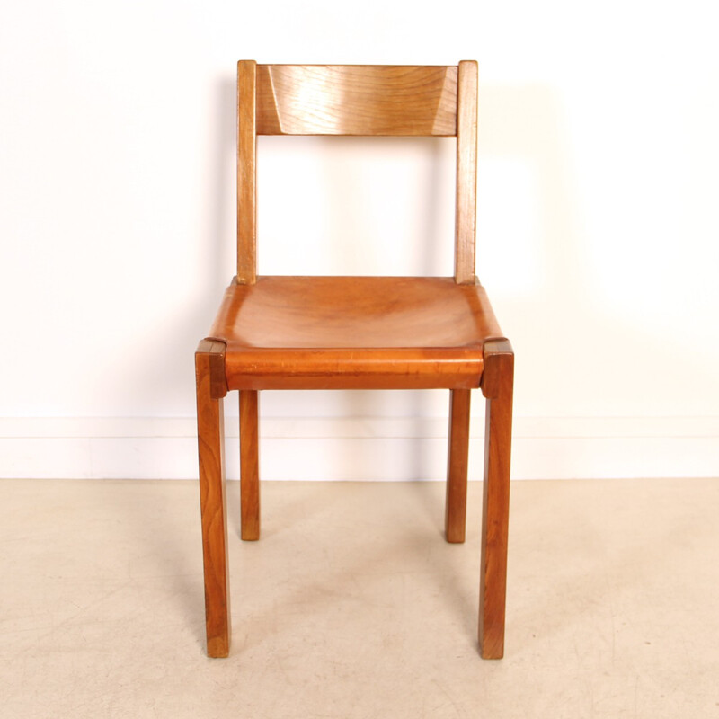 Set of 4 S24 chairs in elm and leather by Pierre Chapo - 1950s
