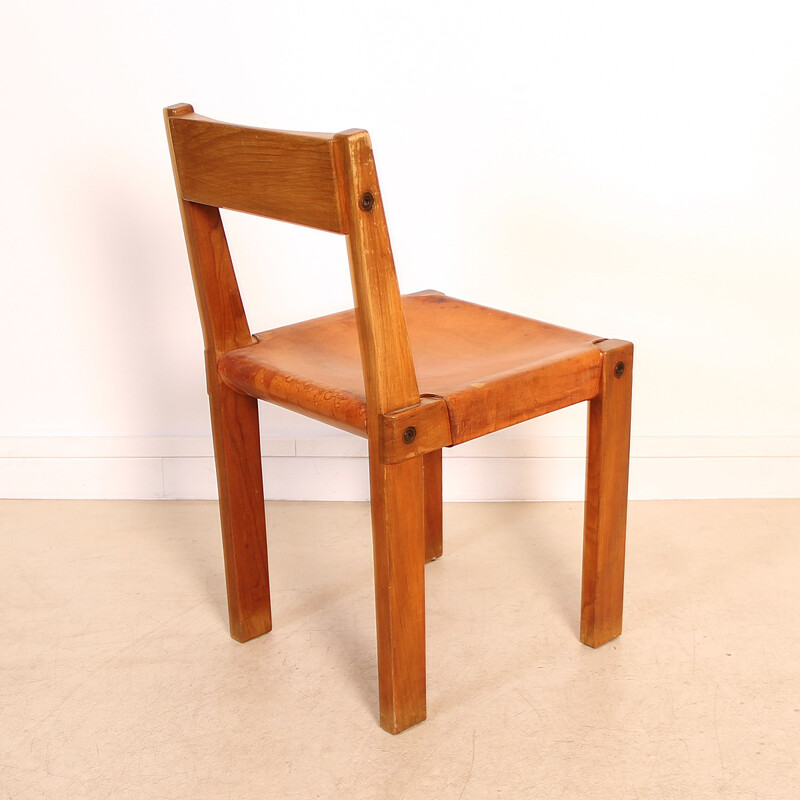 Set of 4 S24 chairs in elm and leather by Pierre Chapo - 1950s