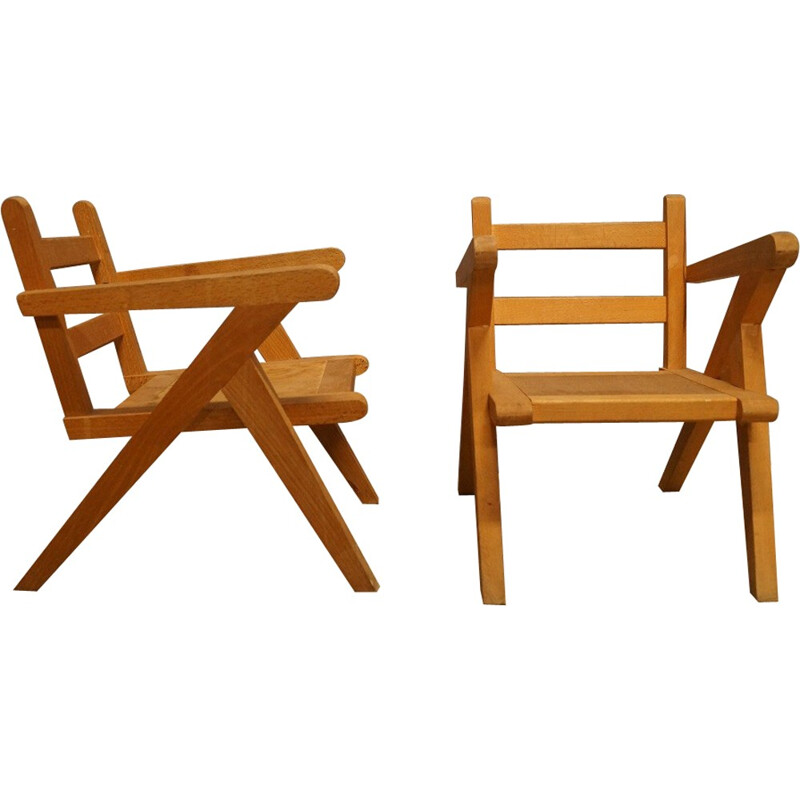 Pair of wooden children's armchairs - 1950