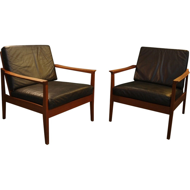 Paire de fauteuils vintage en cuir et teck - 1960
