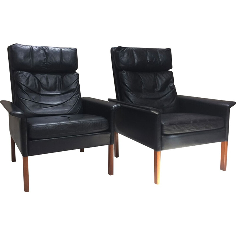 Pair of Black Leather Armchairs by Hans Olsen for Christian Sorensen - 1960s