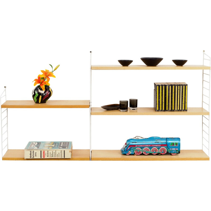 String shelving unit in white metall and ashwood - 1960s 