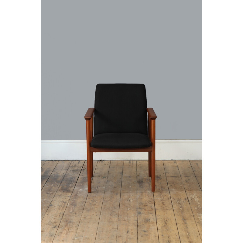 Vintage teak armchair in teak and black wool - 1960s