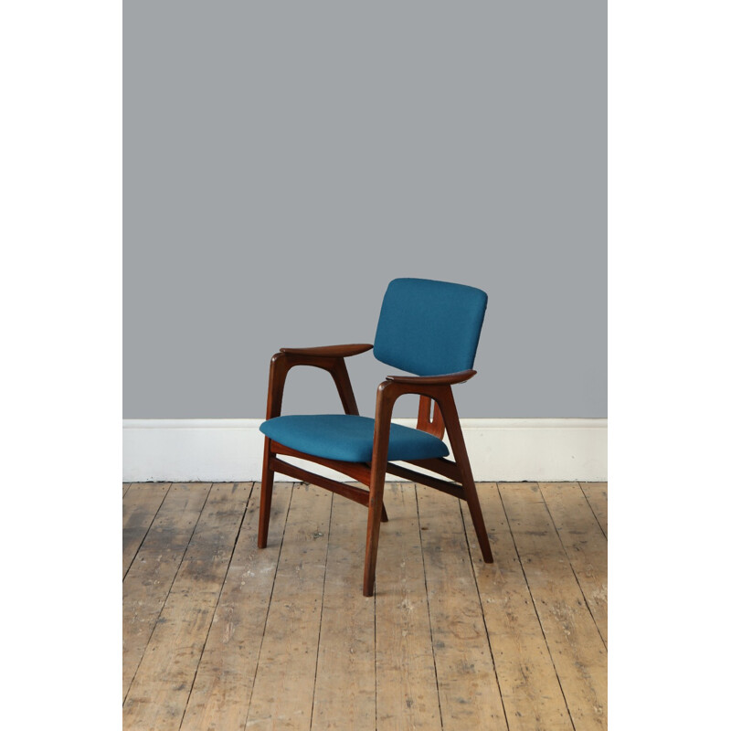 Fauteuil vintage en contreplaqué et en laine bleu de Cees Braakman - 1960 