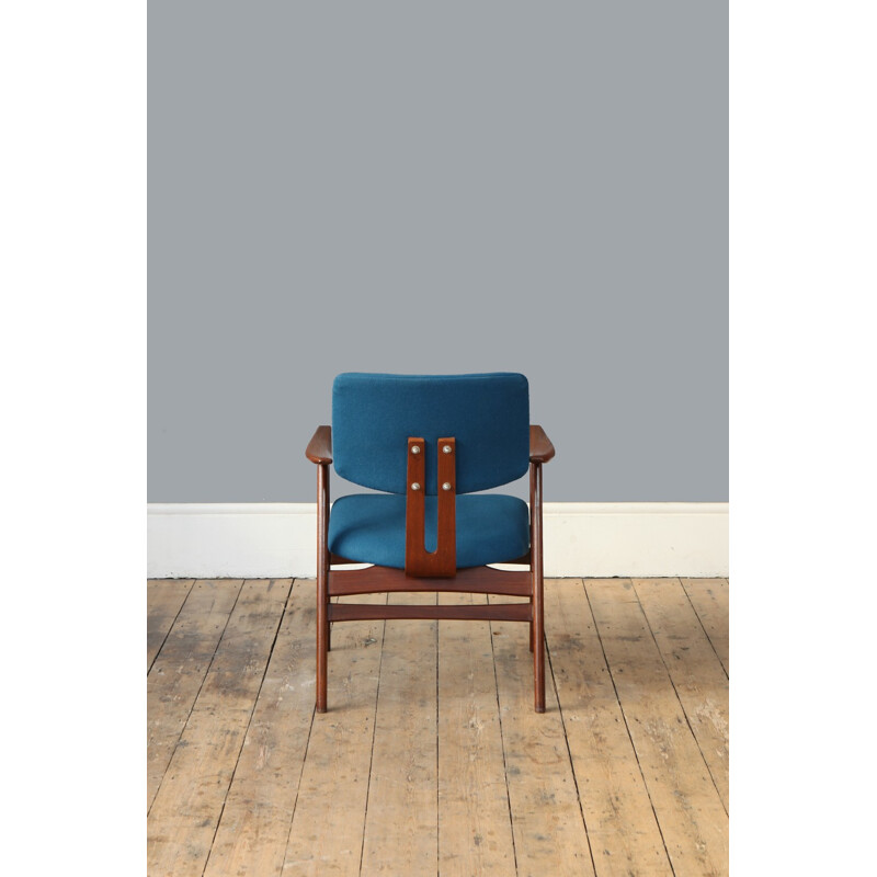 Fauteuil vintage en contreplaqué et en laine bleu de Cees Braakman - 1960 