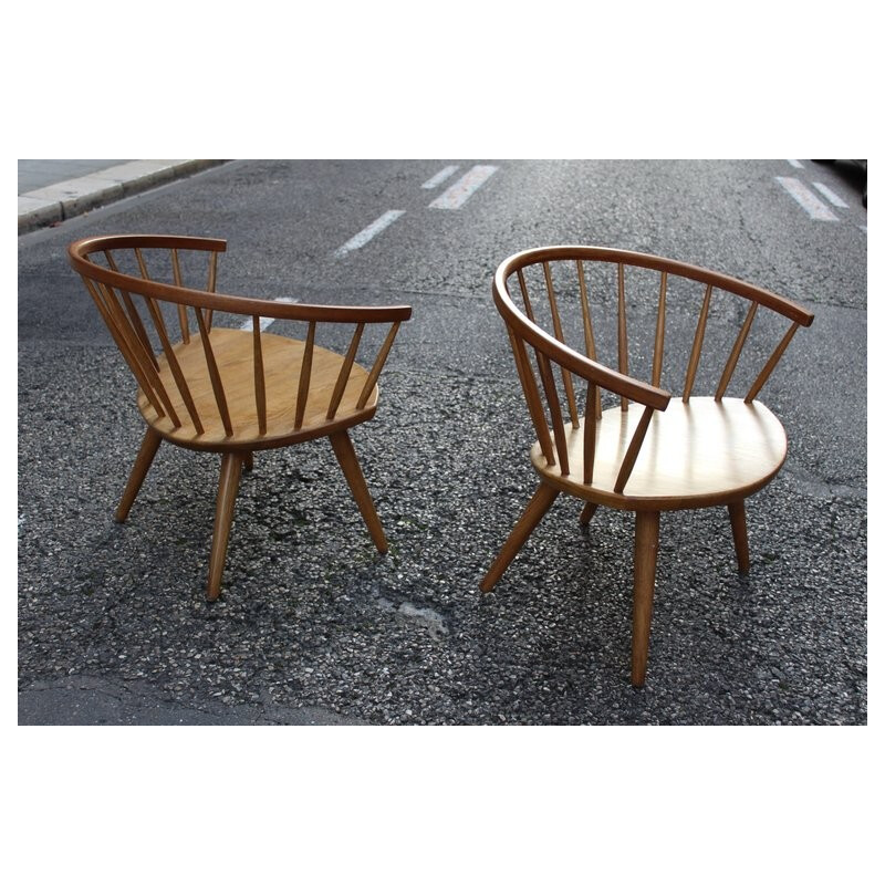 Pair of "Arka" armchair in oak, Yngve Ekström - 1950s