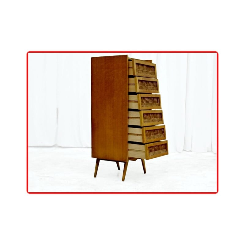 Vintage chest of drawers in oak and rattan - 1960s