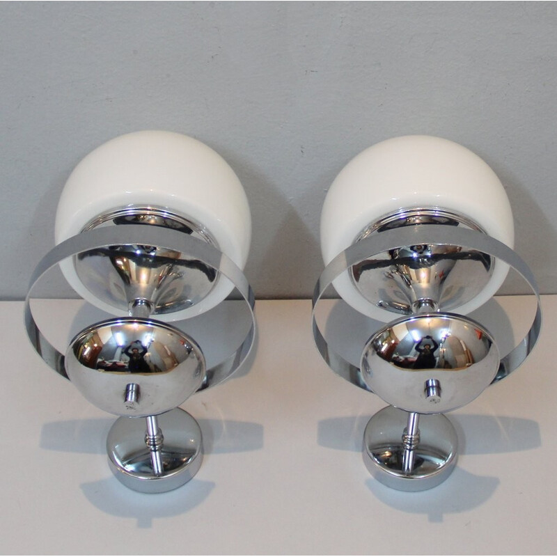 Pair of vintage wall lamps in chromed metal and opaline - 1970s