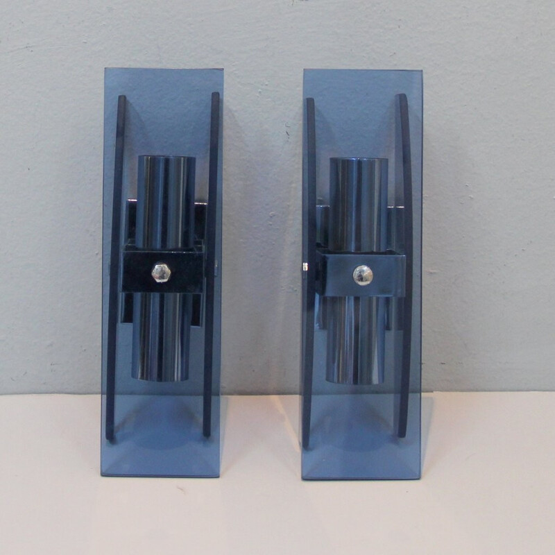 Pair of vintage wall lamps in chromed metal and blue tinted glass - 1970s