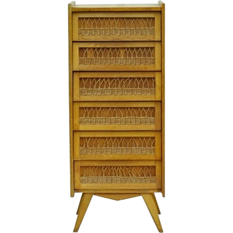 Vintage chest of drawers in oak and rattan - 1960s