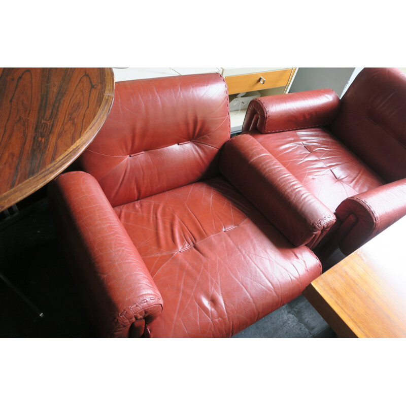 Pair of Vintage Club Armchairs in Warm-Colored Leather - 1970s