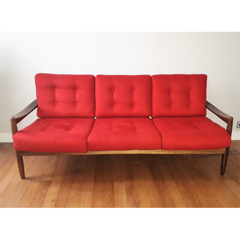 Canapé vintage scandinave rouge en teck - 1960