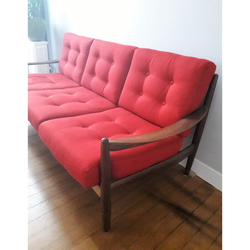 Vintage Scandinavian red sofa in teak - 1960s