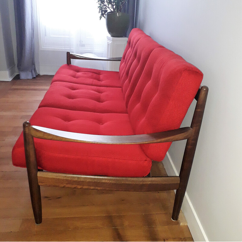 Vintage Scandinavian red sofa in teak - 1960s
