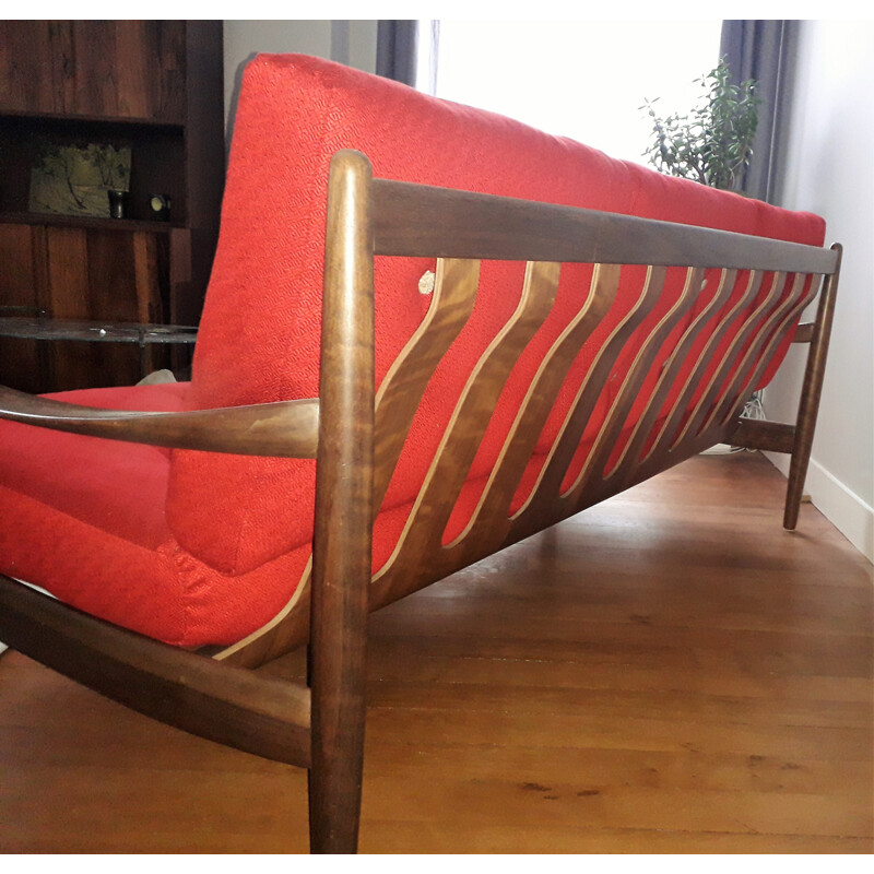 Vintage Scandinavian red sofa in teak - 1960s