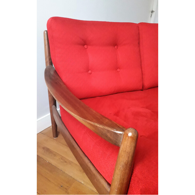 Vintage Scandinavian red sofa in teak - 1960s