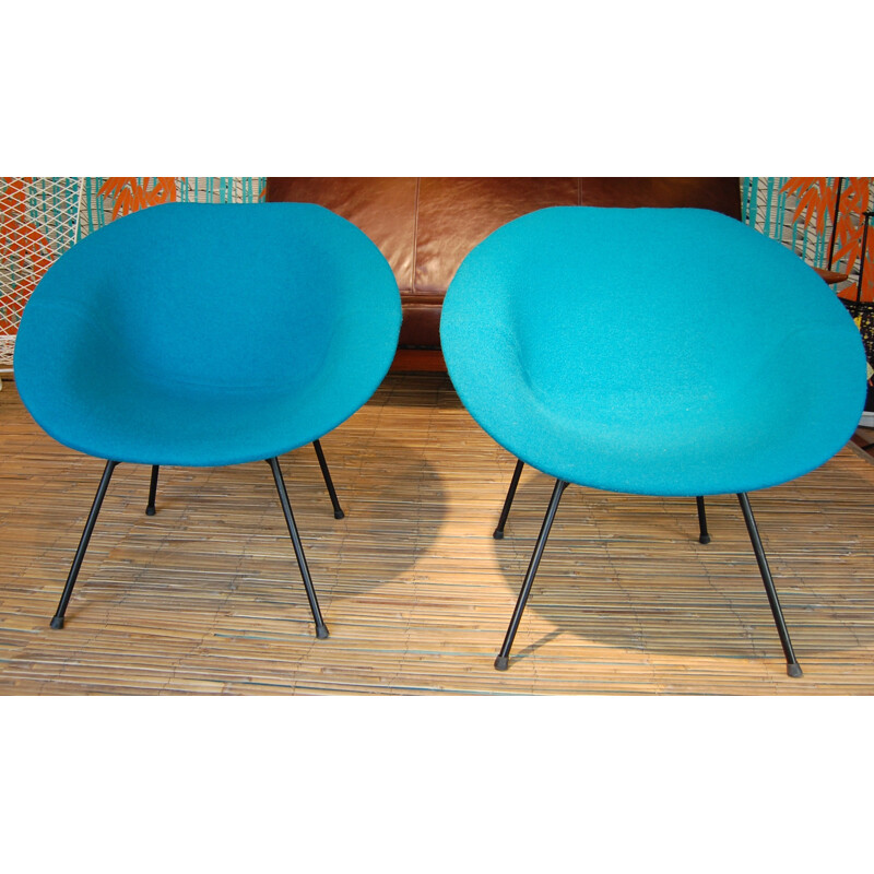 2 vintage blue armchairs, Claude VASSAL - 1950s